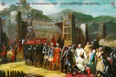 Amelia - Dipinto del Sipario Teatro Sociale raffigurante l'assedio di Federico Barbarossa  